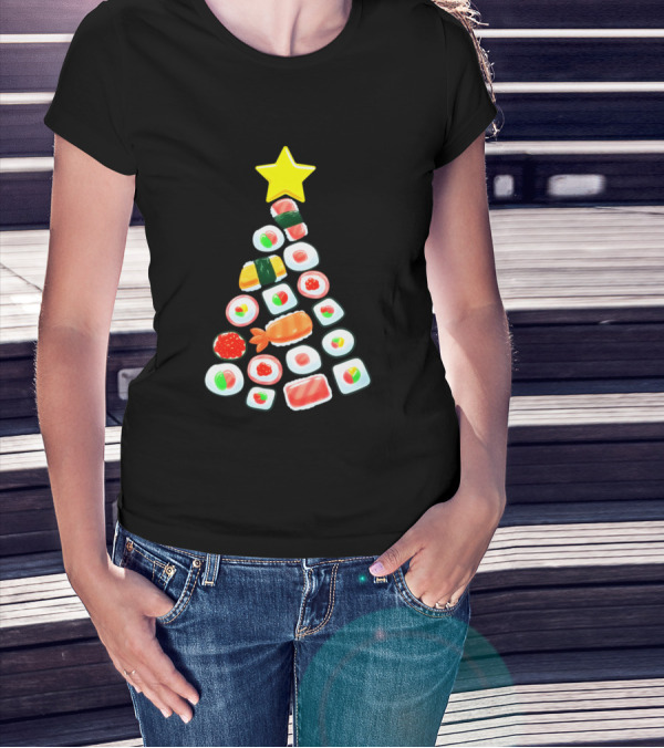 Kawaii Japanese Sushi Christmas Tree With Cute Holiday T-Shirt