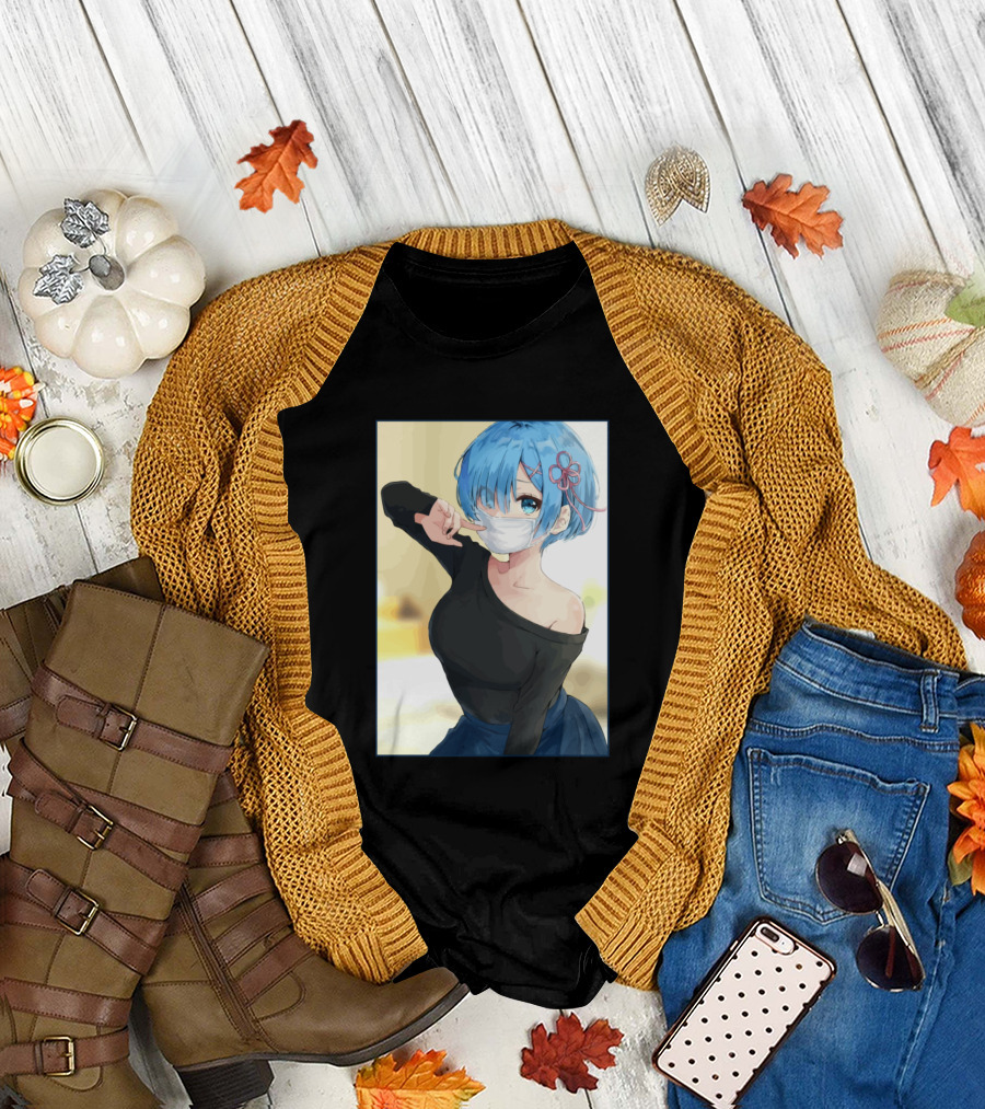 Re Zero Rem Anime Blue Hair Mask Flower Clip T-Shirt