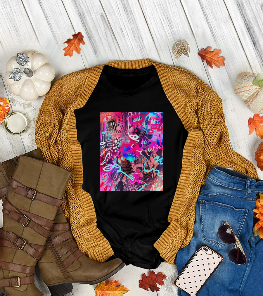 Fluorescent Depths Neon Abstract Faces and Eyes Collage T-Shirt