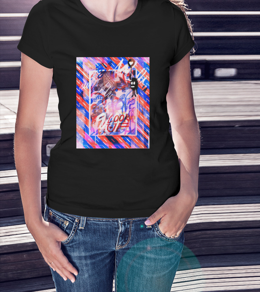 Woman with hands in pockets wearing Look Up Vibrant Abstract with Heart and Skeleton T-Shirt.