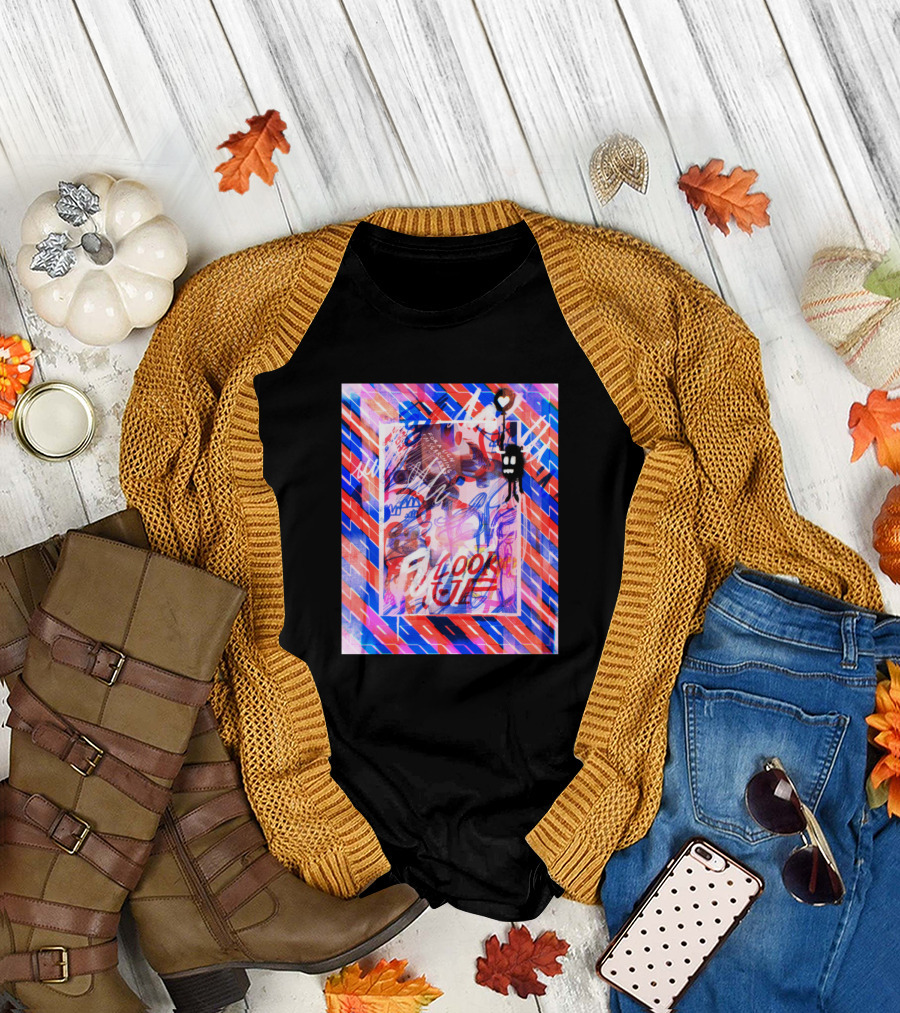 Fall flat lay featuring Look Up Vibrant Abstract with Heart and Skeleton T-Shirt with cardigan.