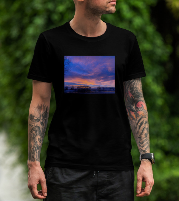 Golden Morning Sunrise Over Serene Landscape With Pink And Blue Skies T-Shirt