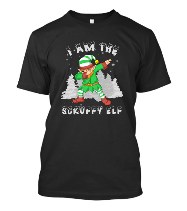 I Am The Scruffy Elf Dabbing Green And White Christmas Costume Snowy Trees T-Shirt