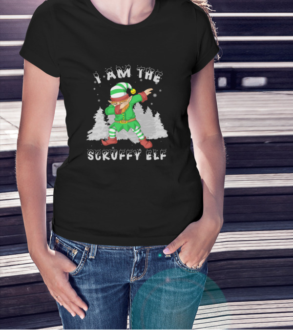 I Am The Scruffy Elf Dabbing Green And White Christmas Costume Snowy Trees T-Shirt