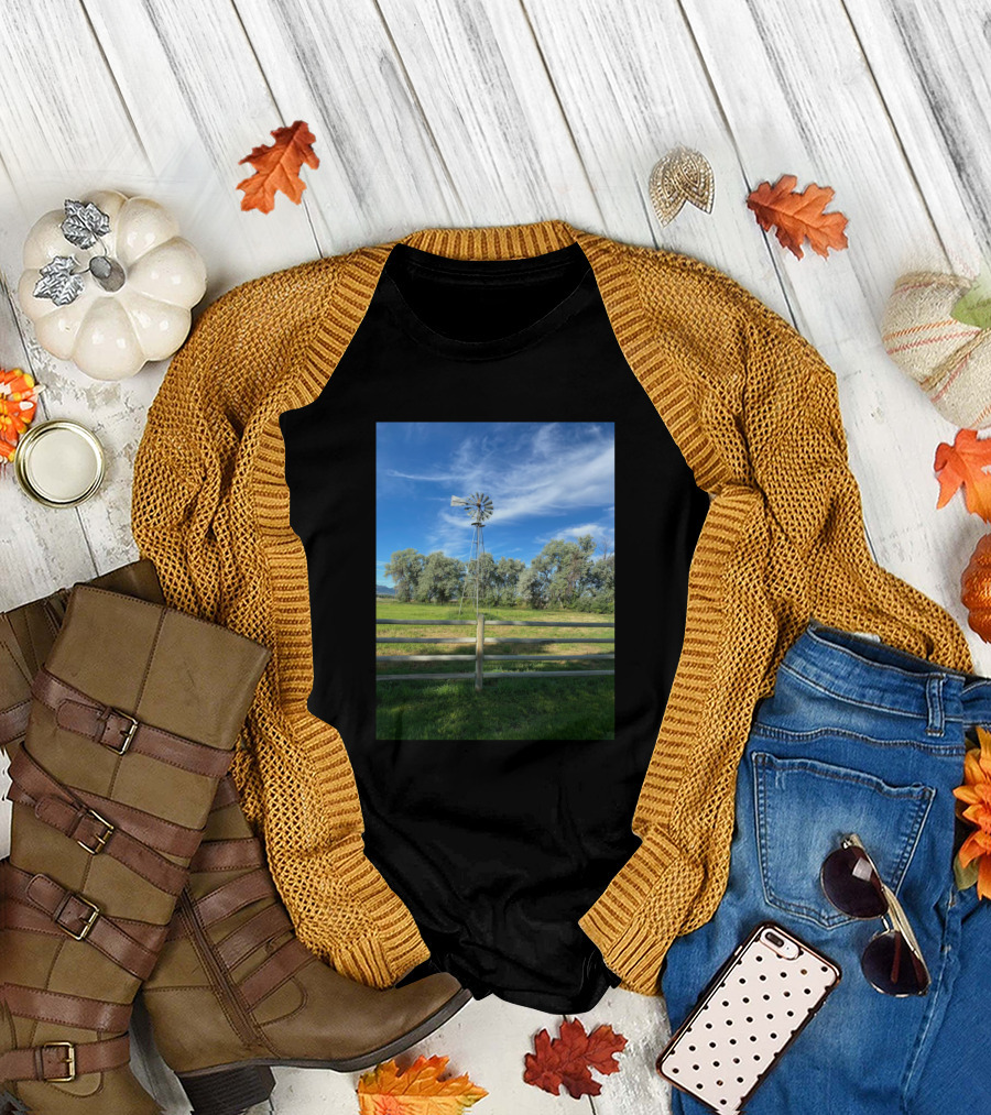 Windmill in Lush Green Field and Blue Sky T-Shirt