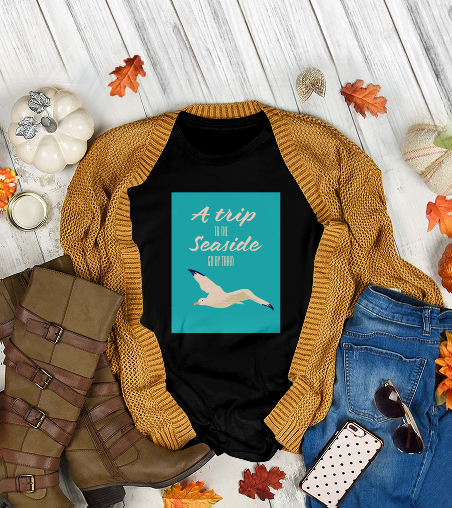 A Trip to the Seaside Go by Train with Flying Seagull T-Shirt
