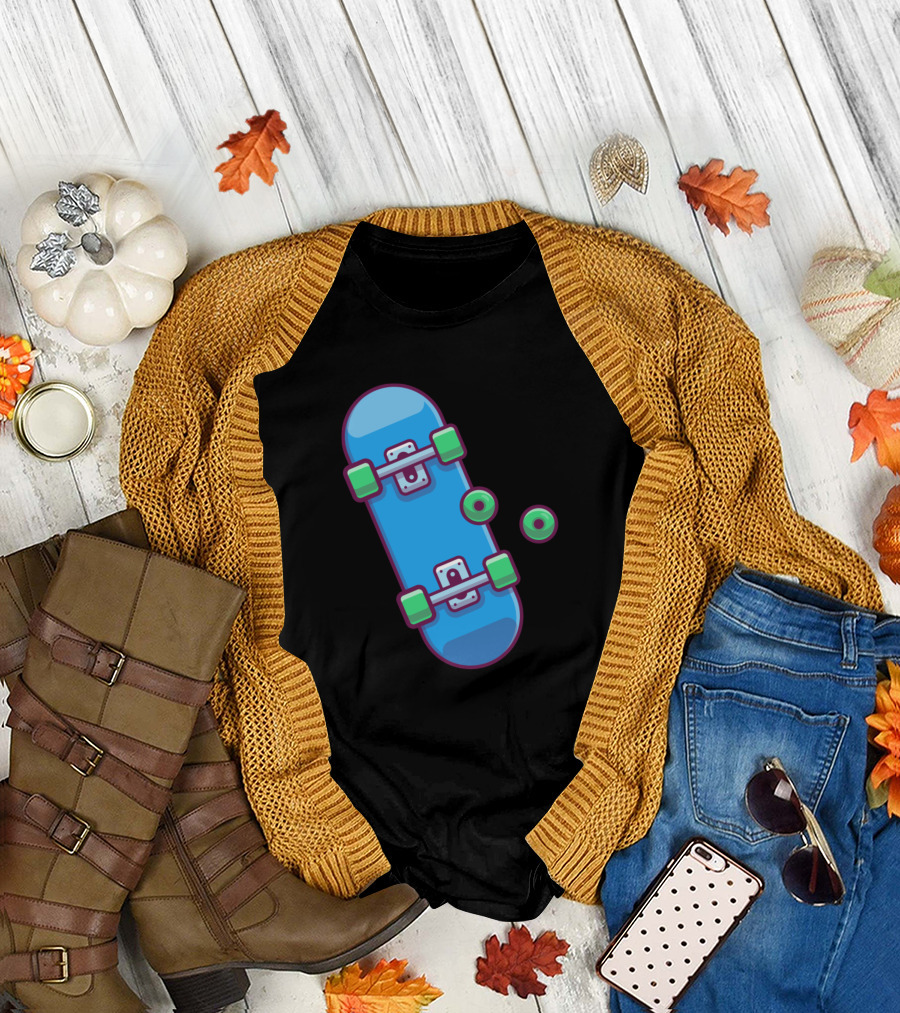 Skateboard With Wheels Cartoon Blue Deck Green Parts T-Shirt
