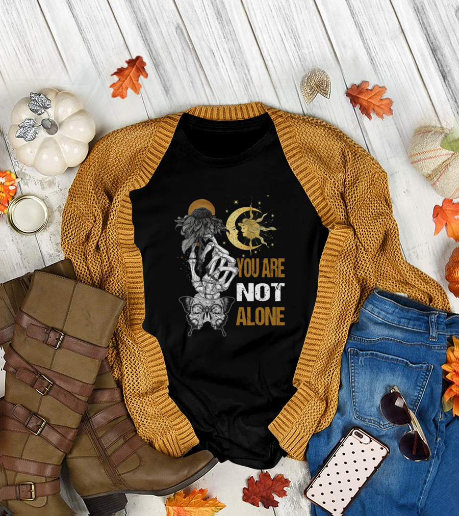 Sunflower Skull You Are Not Alone Moon and Skeleton Butterfly T-Shirt