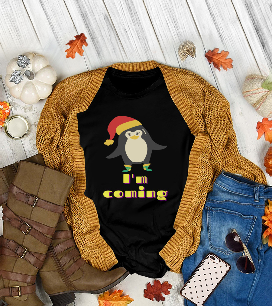 Adorable Christmas Penguin I'm Coming Santa Hat and Socks T-Shirt