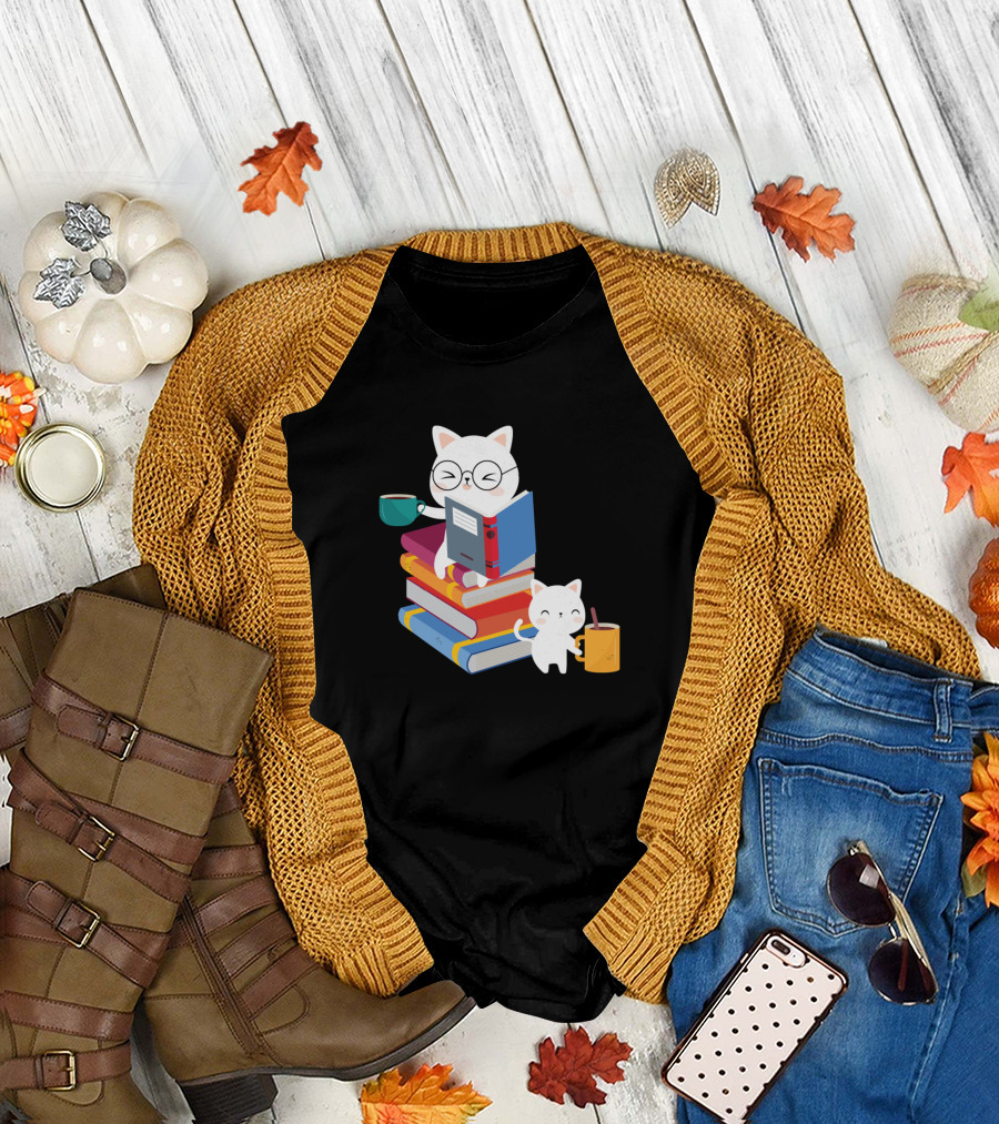 Funny Kitty Cats Reading Books with Coffee Cups T-Shirt