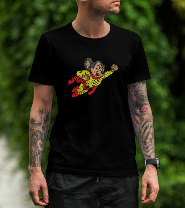 Super Mighty Mouse Calligram Flying Hero Text T-Shirt