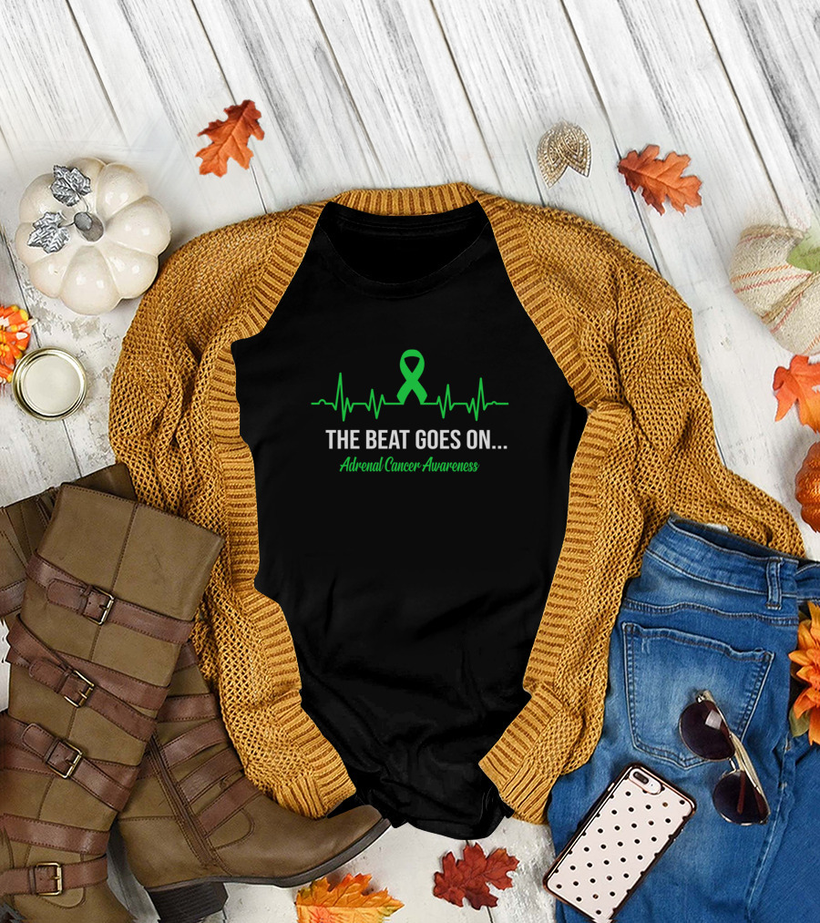 The Beat Goes On Adrenal Cancer Awareness Green Ribbon Heartbeat T-Shirt