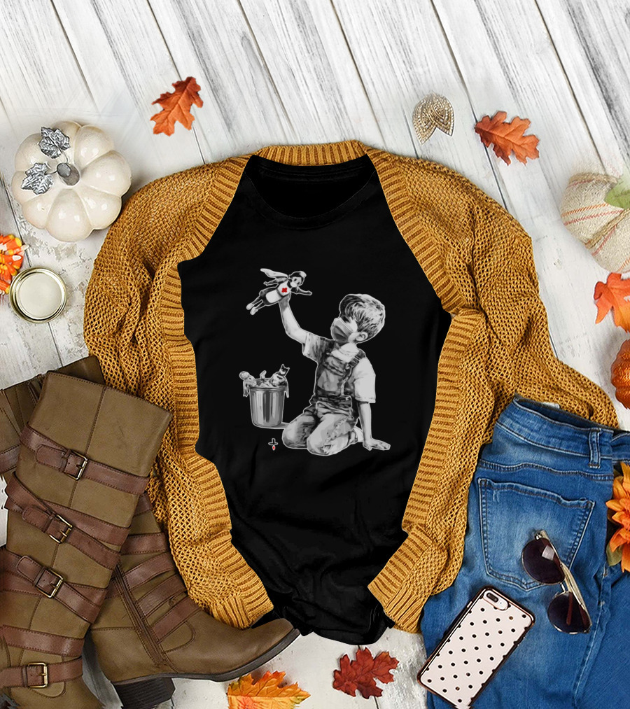 Banksy Game Changer Boy with Mask Holding Superhero Nurse Doll T-Shirt
