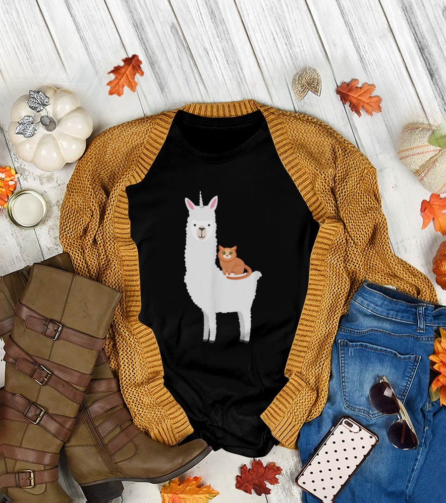 Cat Riding Llamacorn Funny Idea Llama Unicorn Desi T-Shirt