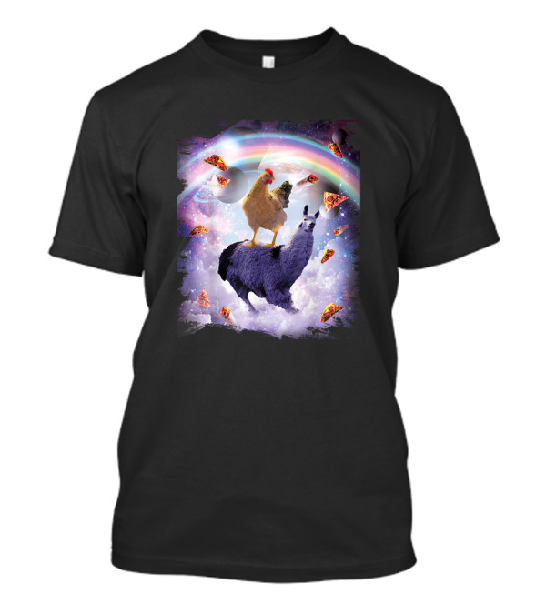 Chicken And Llama Adventure Through Space Rainbow With Pizza Slices T-Shirt