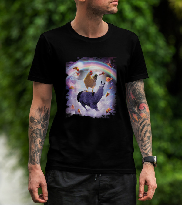 Chicken And Llama Adventure Through Space Rainbow With Pizza Slices T-Shirt