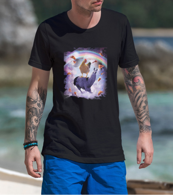 Chicken And Llama Adventure Through Space Rainbow With Pizza Slices T-Shirt