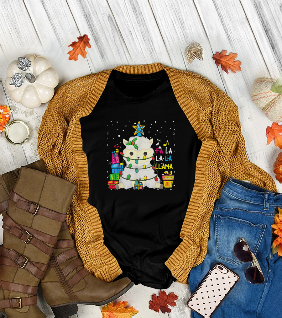 Fa La La La Llama Christmas Lover Cute Singing Llama With Lights T-Shirt