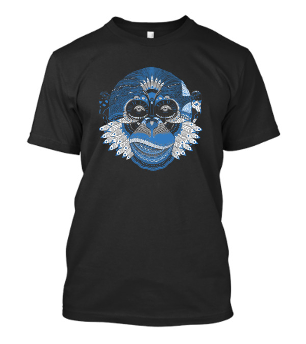 Feathered Blue And White Patterned Monkey Face T-Shirt