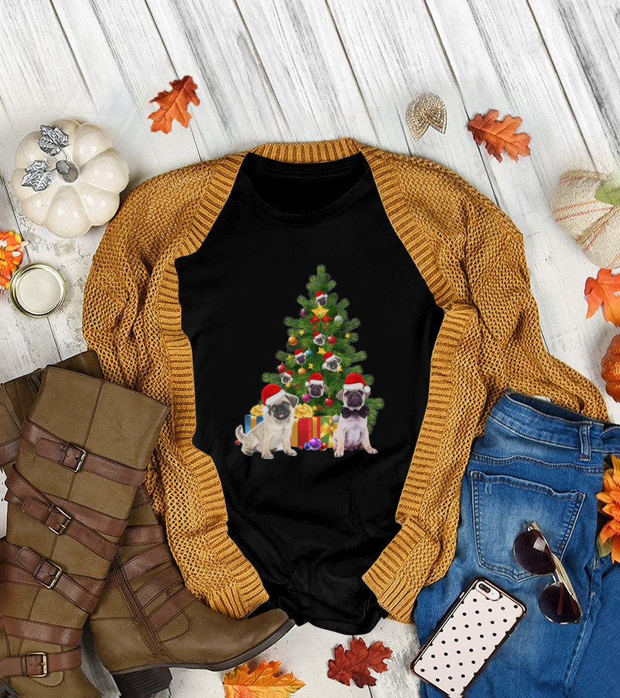 Pug Dog Santa Hats Christmas Tree with Presents and Bow Ties T-Shirt