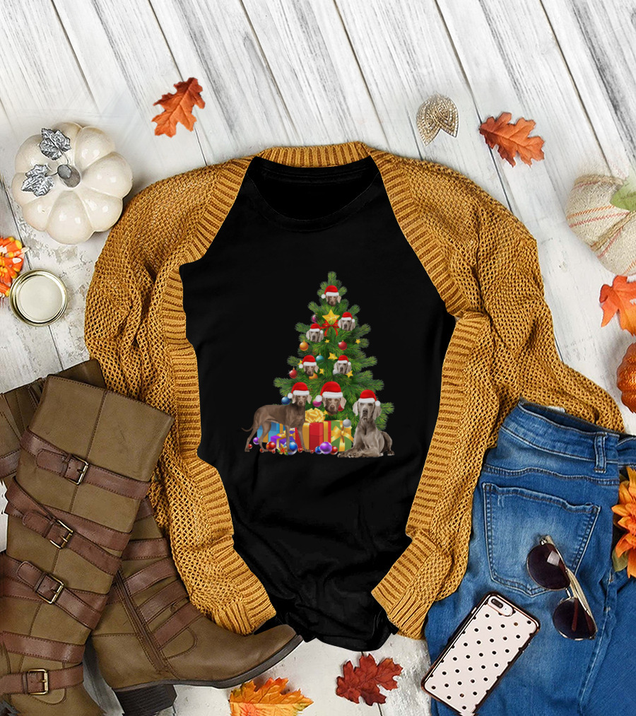 Weimaraner Dog with Santa Hats Under Christmas Tree with Gifts T-Shirt