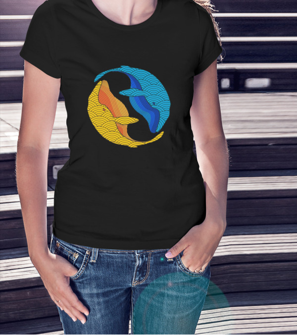 Yin Yang Fish In Vibrant Blue And Yellow Waves T-Shirt