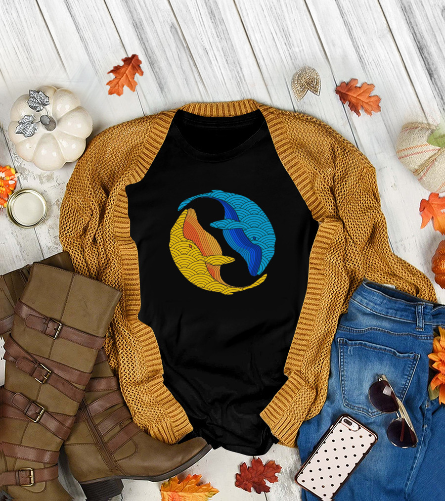 Yin Yang Fish in Vibrant Blue and Yellow Waves T-Shirt