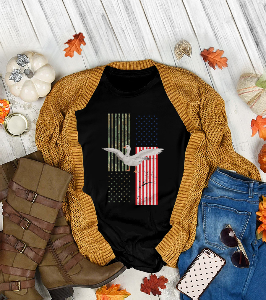 American Flag Goose with Camouflage and Stars Stripes T-Shirt