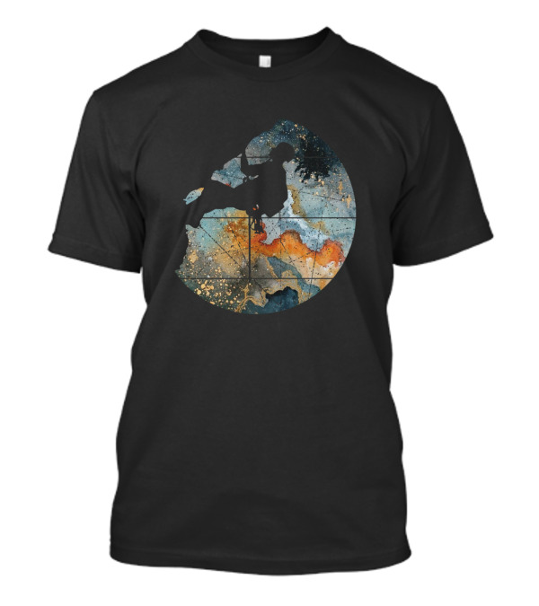 Mountain Climbing Hiking Silhouette On Abstract Cosmic Landscape T-Shirt