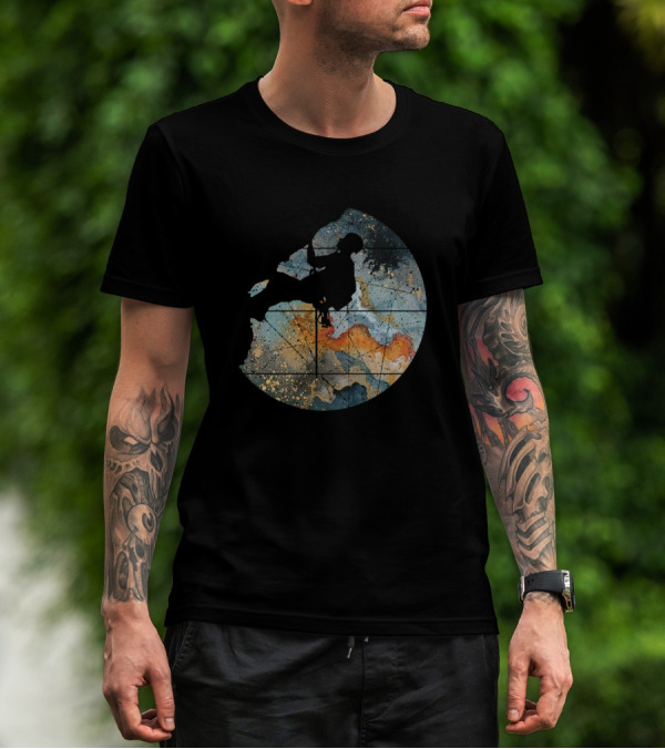 Mountain Climbing Hiking Silhouette On Abstract Cosmic Landscape T-Shirt