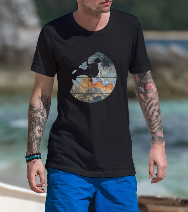 Mountain Climbing Hiking Silhouette On Abstract Cosmic Landscape T-Shirt