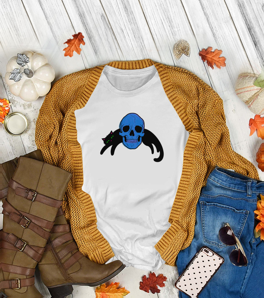 Death By Snuggles Blue Skull Black Cat T-Shirt