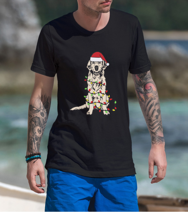 Golden Retriever Christmas Lights Santa Hat Holiday T-Shirt
