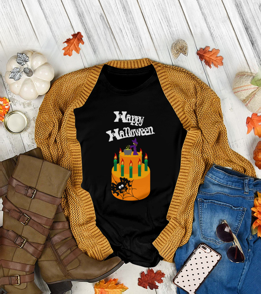 Happy Halloween Cake with Spider and Witch Hat T-Shirt