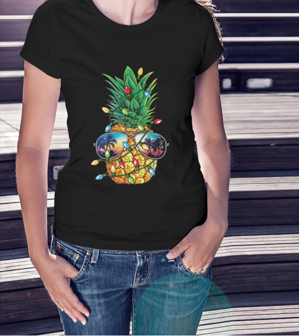 Pineapple Christmas Tree Lights With Sunglasses And Palm Reflection T-Shirt