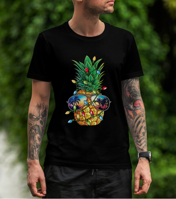 Pineapple Christmas Tree Lights With Sunglasses And Palm Reflection T-Shirt