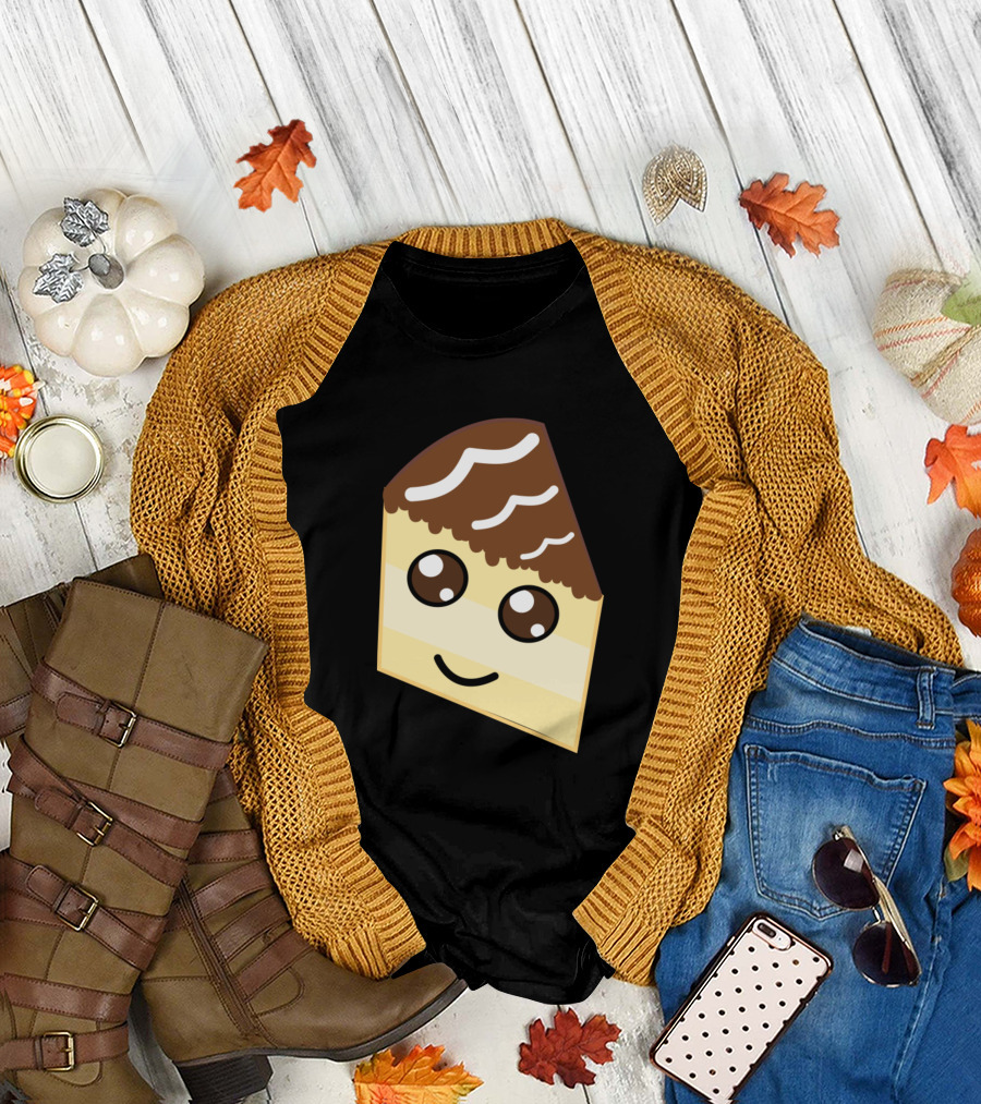 Boston Cream Pie Cute Cartoon Slice with Chocolate Topping and Happy Face T-Shirt