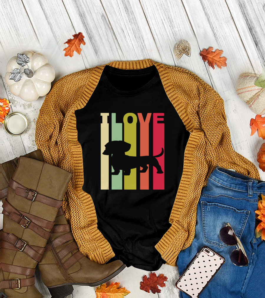 I Love Dachshund Silhouette with Colorful Vertical Bars T-Shirt