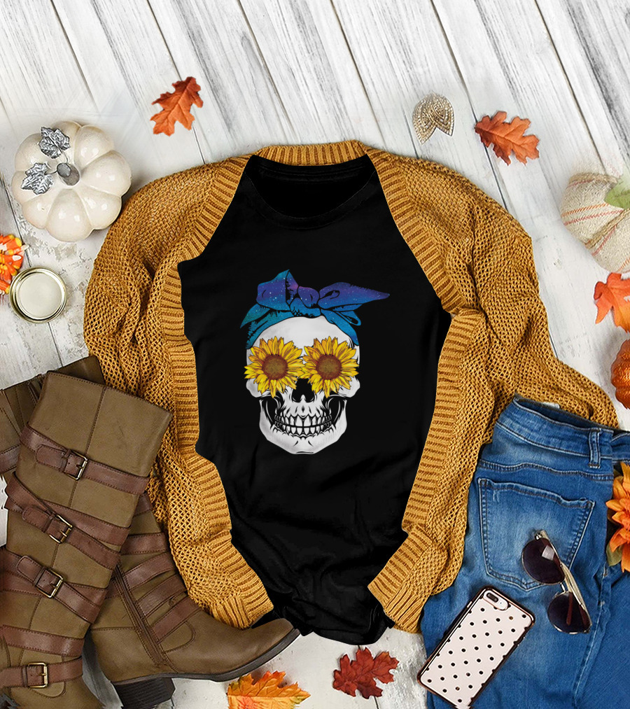 Skull with Blue Bandana and Sunflower Eyes T-Shirt