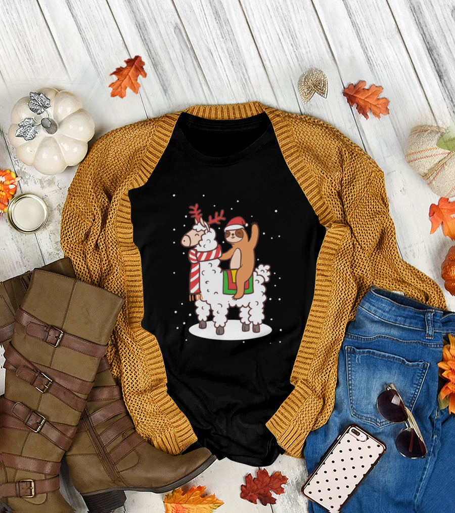 Alpaca Sloth Christmas Ride Snow Santa Hat Scarf T-Shirt
