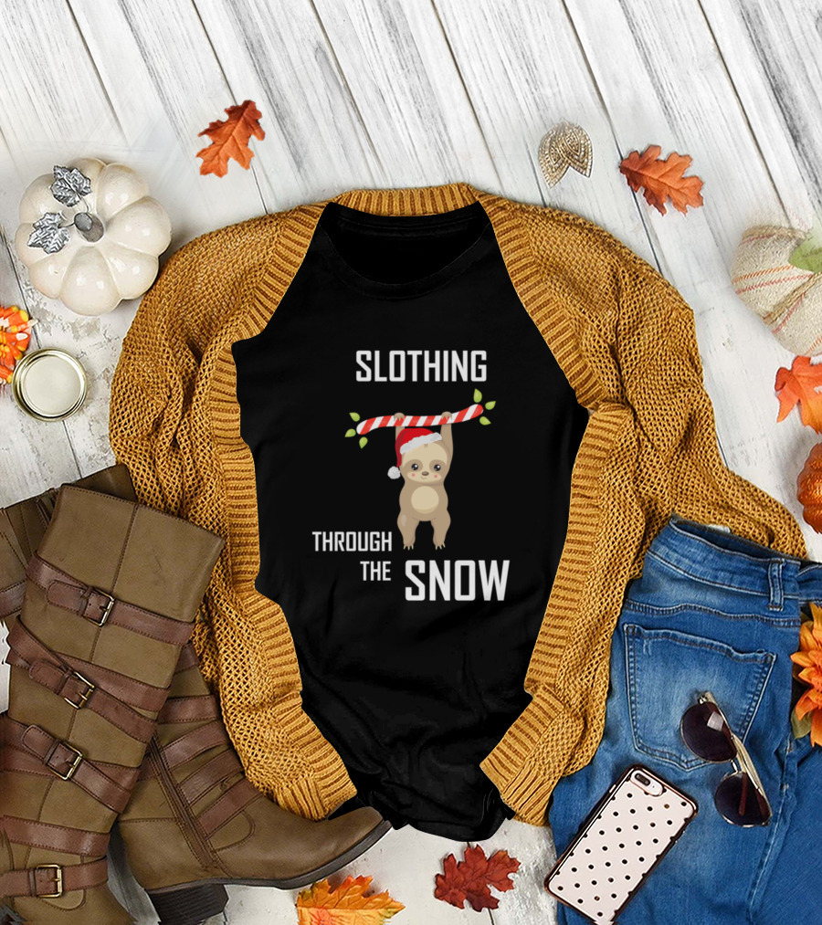 Slothing Through the Snow Christmas Sloth Santa Hat Candy Cane T-Shirt