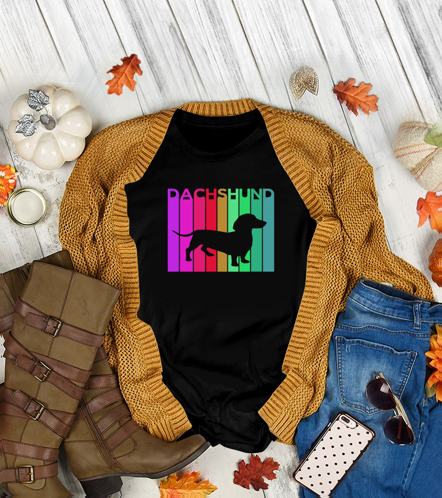 Dachshund Silhouette with Colorful Rainbow Stripes for Dog Lovers T-Shirt