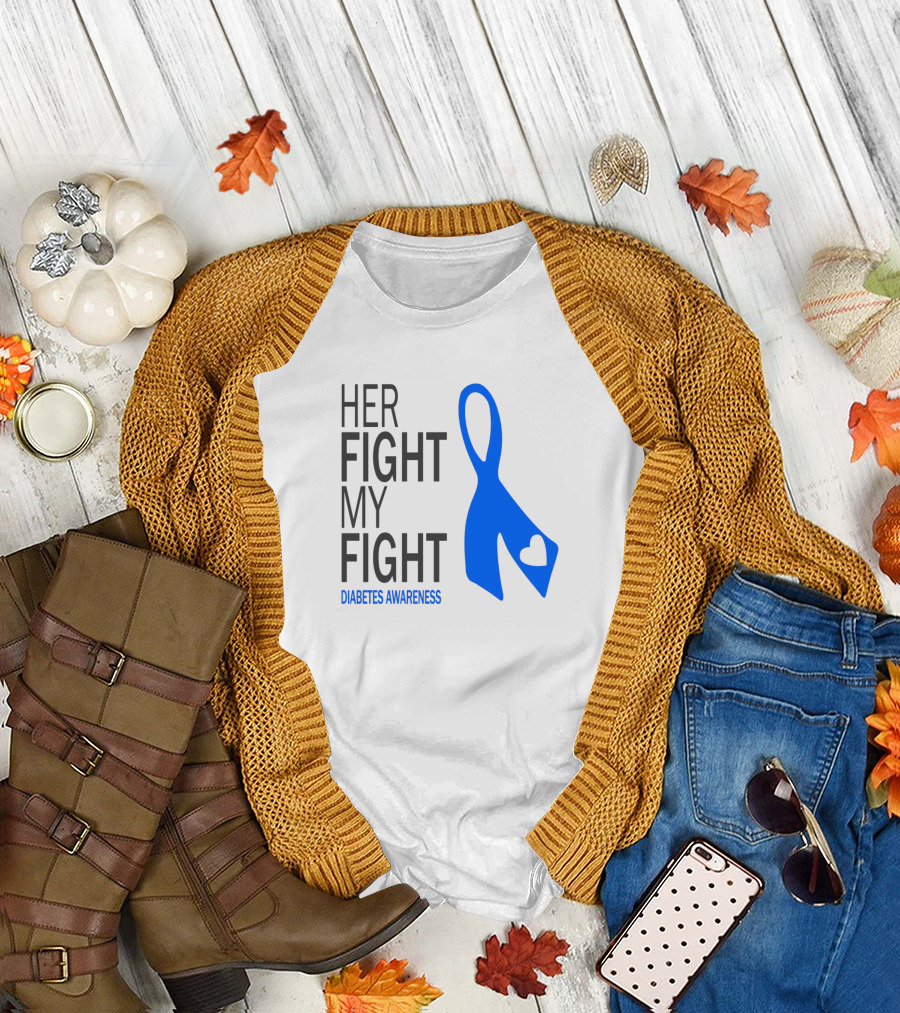 Her Fight My Fight Blue Ribbon Heart Diabetes Awareness T-Shirt