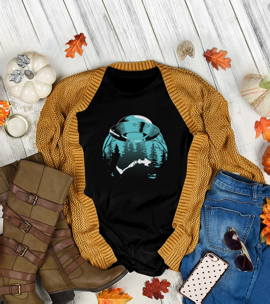 Cool UFO Abduction Leg Amputee in Forest Scene T-Shirt