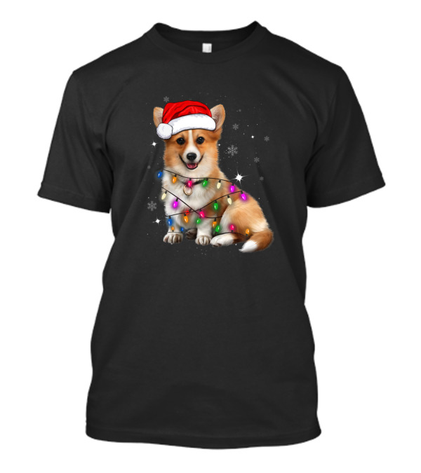 Corgi Santa Wrapped In Christmas Tree Lights With Snowflakes T-Shirt