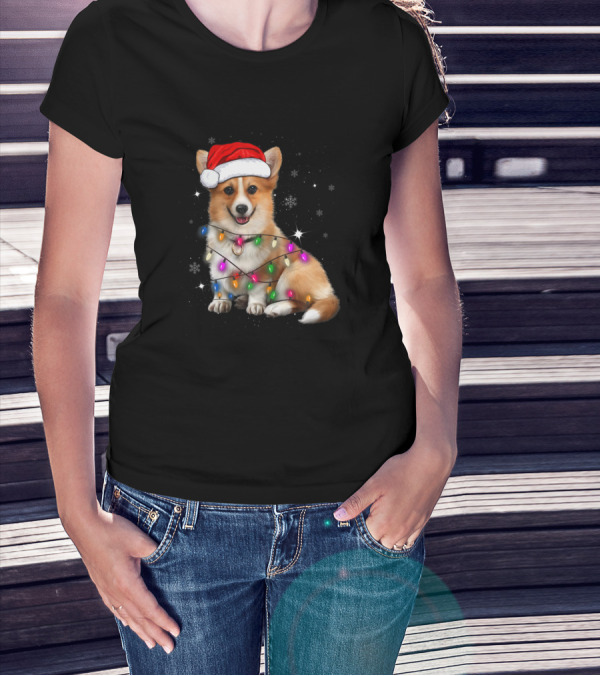 Corgi Santa Wrapped In Christmas Tree Lights With Snowflakes T-Shirt