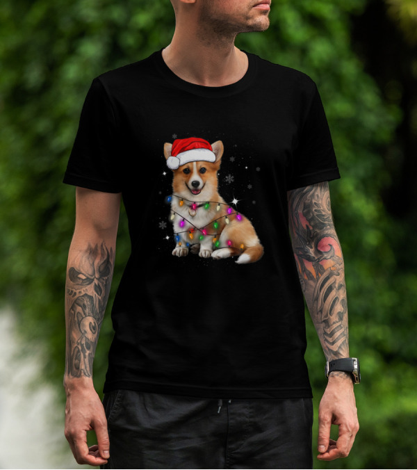 Corgi Santa Wrapped In Christmas Tree Lights With Snowflakes T-Shirt