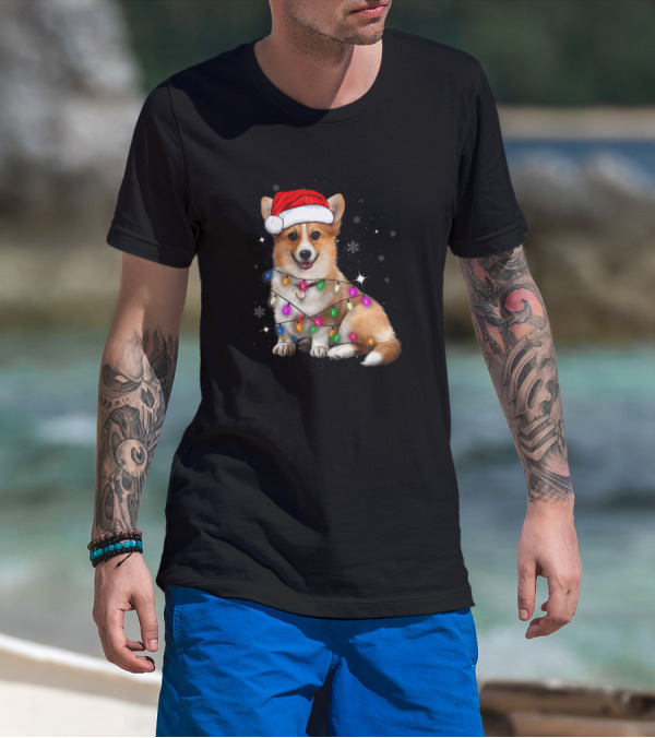 Corgi Santa Wrapped In Christmas Tree Lights With Snowflakes T-Shirt