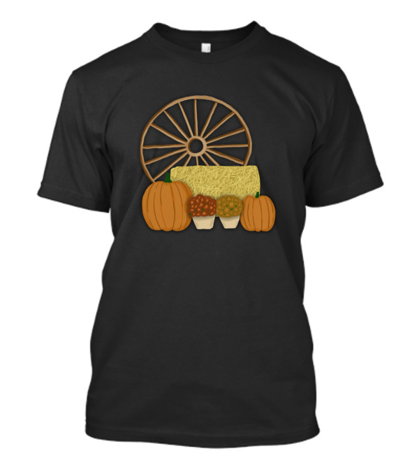Autumn Pumpkin Hay Bale Wagon Wheel Scene T-Shirt