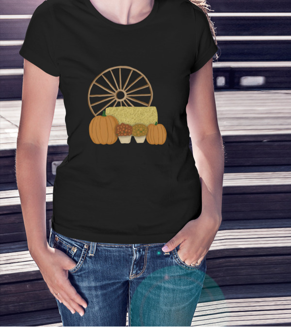 Autumn Pumpkin Hay Bale Wagon Wheel Scene T-Shirt